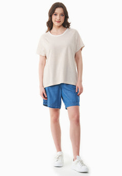 Thinly Striped Linen Blend T-Shirt Off White / Tan