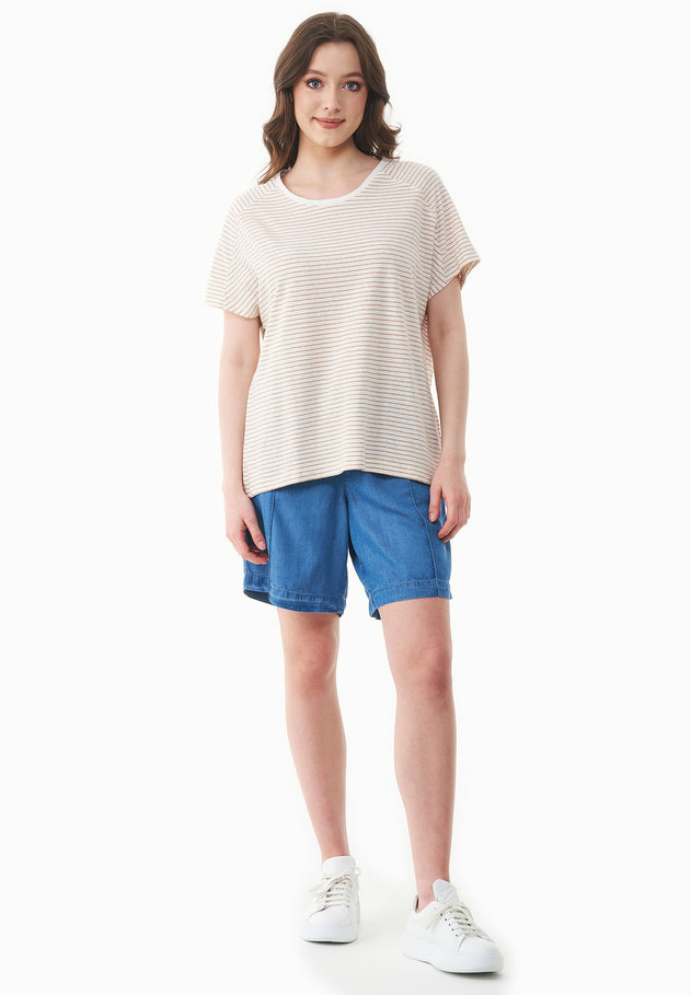 Thinly Striped Linen Blend T-Shirt Off White / Tan