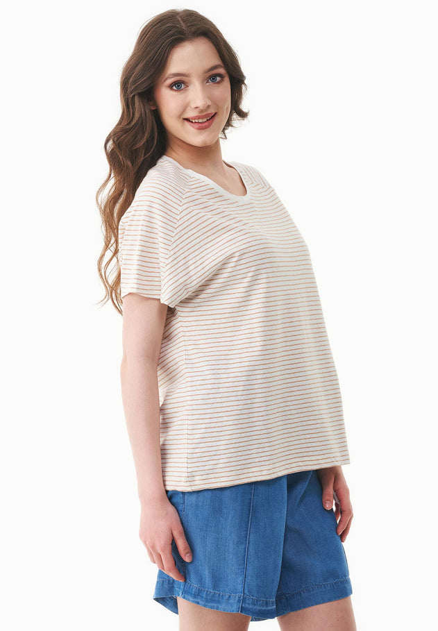Thinly Striped Linen Blend T-Shirt Off White / Tan