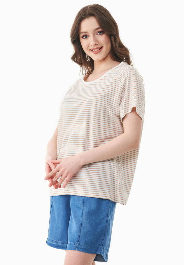Thinly Striped Linen Blend T-Shirt Off White / Tan