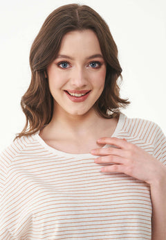 Thinly Striped Linen Blend T-Shirt Off White / Tan