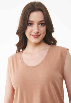 Deep Round Neck Linen Blend Jersey Top Tan