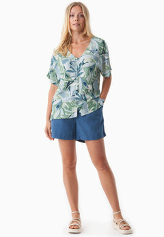 V-Neck Short Sleeved Viscose Blouse Abstract Leaf