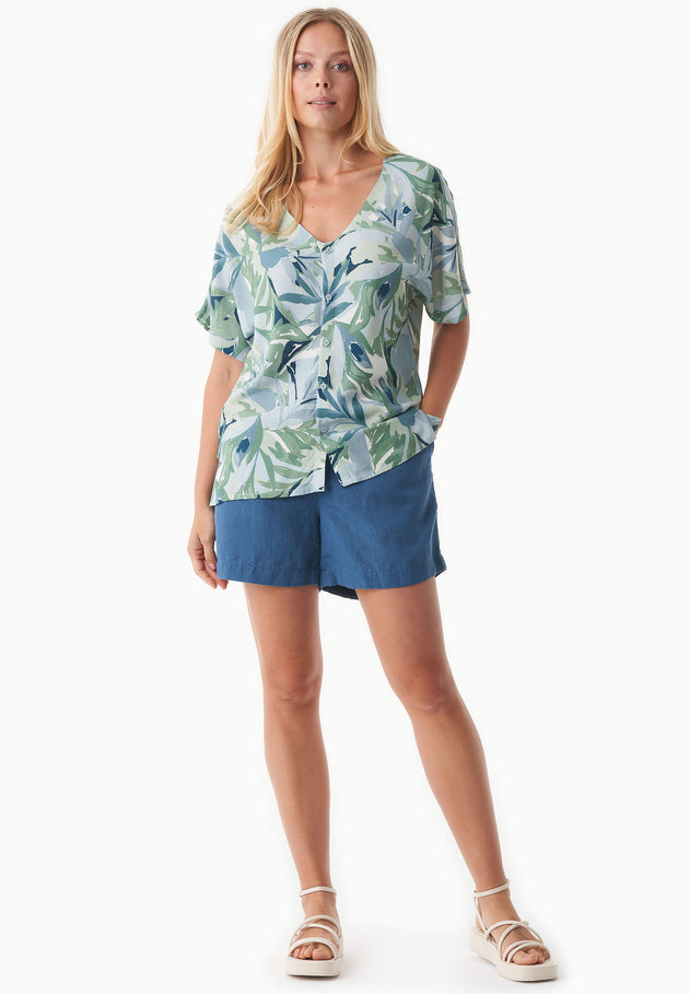 V-Neck Short Sleeved Viscose Blouse Abstract Leaf
