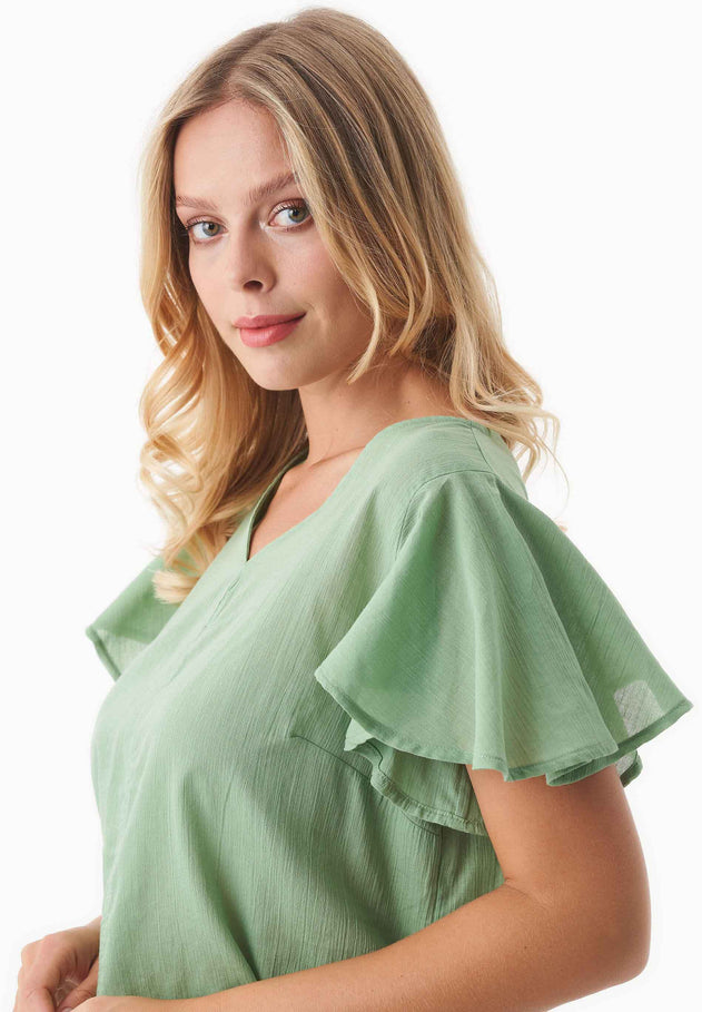 Butterfly Sleeve V-Neck Blouse Matcha Green