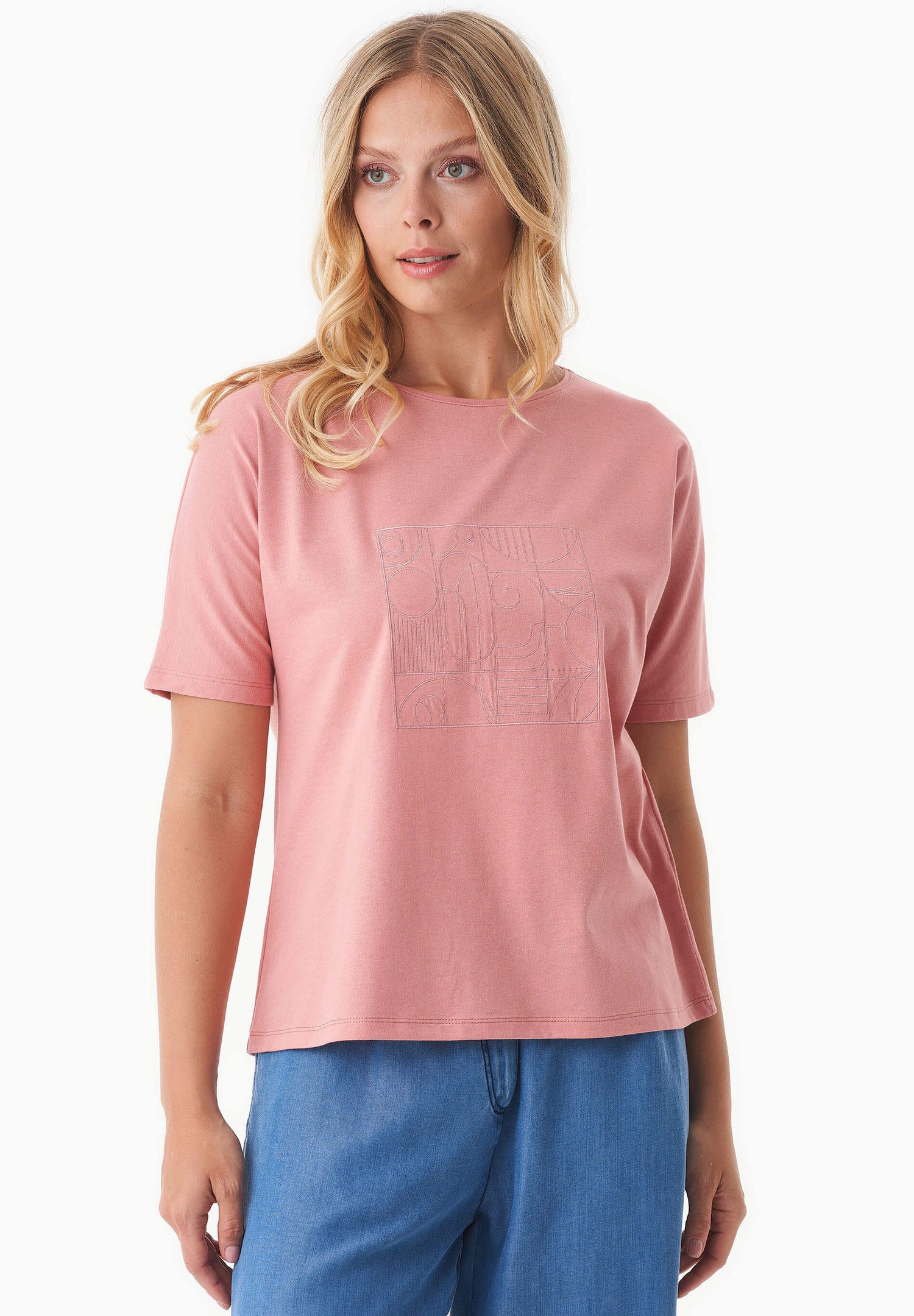 Embroidered Organic Cotton T-Shirt Flamingo Pink