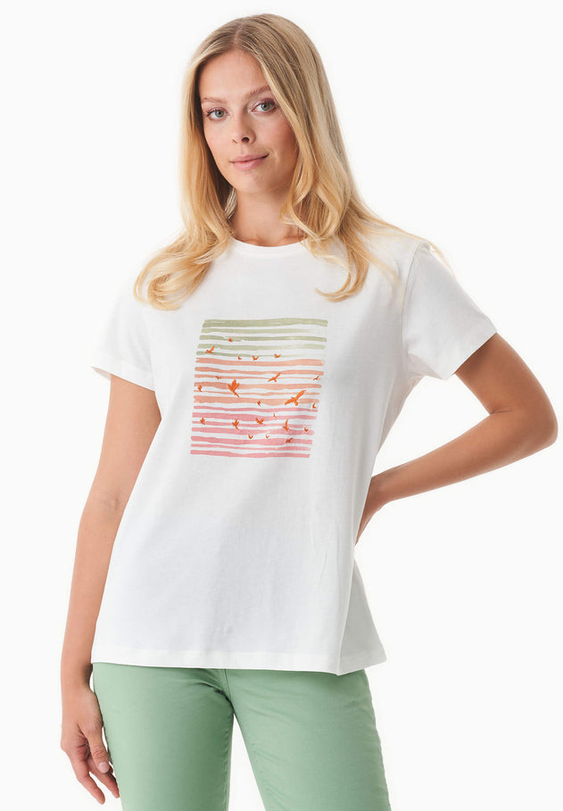 Embroidered Birds Print T-Shirt Off White
