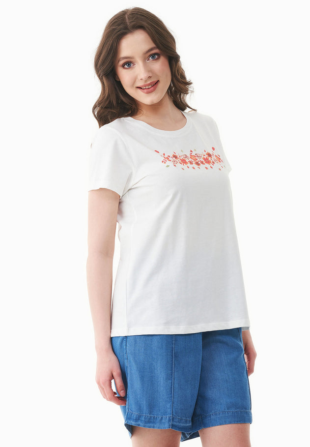 Flowers Print Organic Cotton T-Shirt Off White