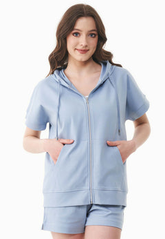 Women's Lightweight Short Sleeved Zipper Hoodie Ice Blue