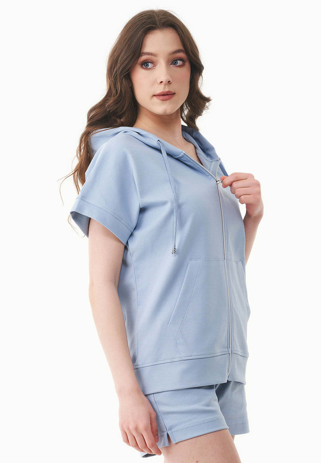 Women's Lightweight Short Sleeved Zipper Hoodie Ice Blue