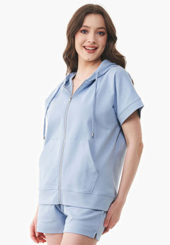 Women's Lightweight Short Sleeved Zipper Hoodie Ice Blue