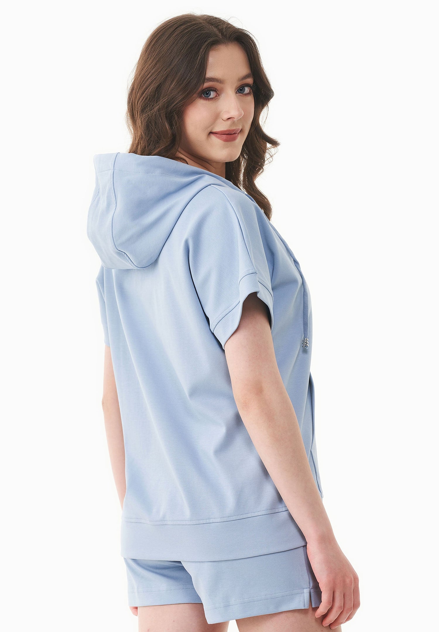 Women's Lightweight Short Sleeved Zipper Hoodie Ice Blue
