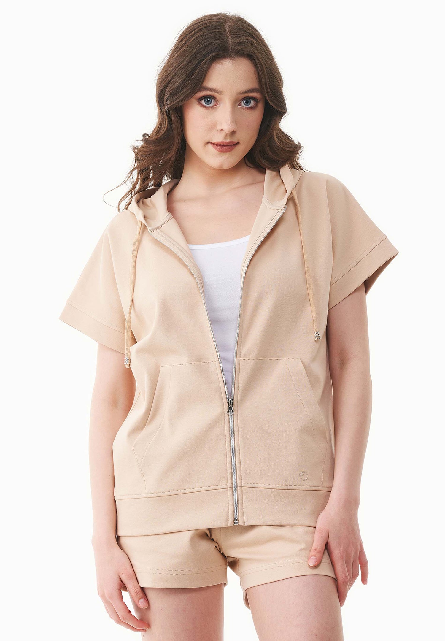 Women's Lightweight Short Sleeved Zipper Hoodie Soft Beige