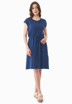 Short Sleeved Linen Blend Jersey Dress Navy