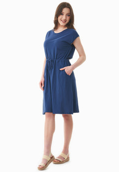 Short Sleeved Linen Blend Jersey Dress Navy