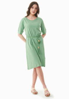 Belted Linen Blend Jersey Dress Matcha Green