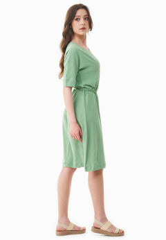 Belted Linen Blend Jersey Dress Matcha Green