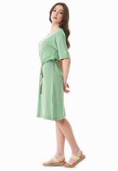 Belted Linen Blend Jersey Dress Matcha Green