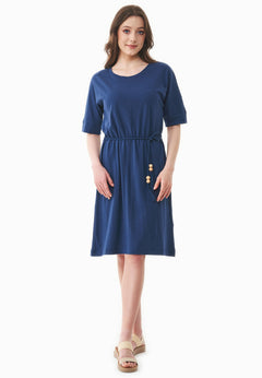 Belted Linen Blend Jersey Dress Navy
