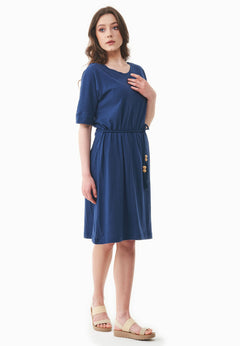 Belted Linen Blend Jersey Dress Navy