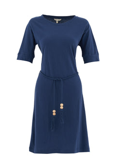 Belted Linen Blend Jersey Dress Navy