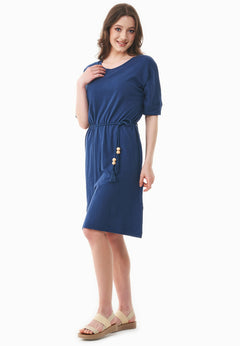 Belted Linen Blend Jersey Dress Navy