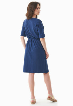 Belted Linen Blend Jersey Dress Navy