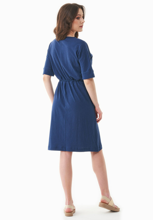 Belted Linen Blend Jersey Dress Navy