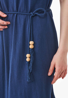 Belted Linen Blend Jersey Dress Navy