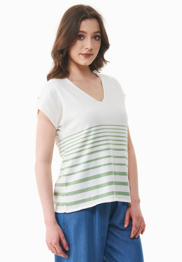 Women's Striped Knit T-Shirt Off White/Matcha Green