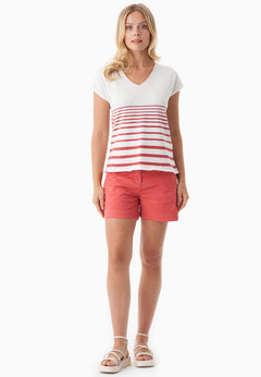 Women's Striped Knit T-Shirt Off White/Radiant Red