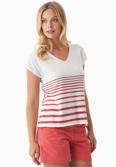 Women's Striped Knit T-Shirt Off White/Radiant Red