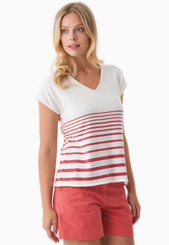 Women's Striped Knit T-Shirt Off White/Radiant Red