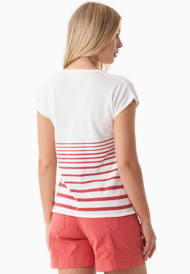 Women's Striped Knit T-Shirt Off White/Radiant Red