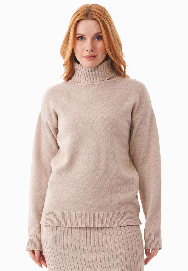 Wool Blend Turtleneck Knit Beige Melange