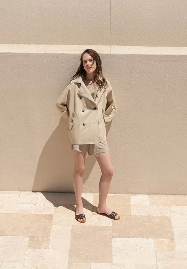 Women's Short Organic Cotton Trench Coat Stone
