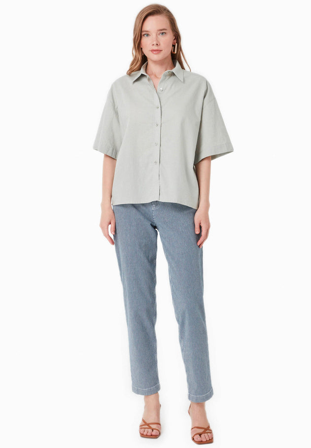 Short Sleeved Linen Blend Button-Up Green Moss