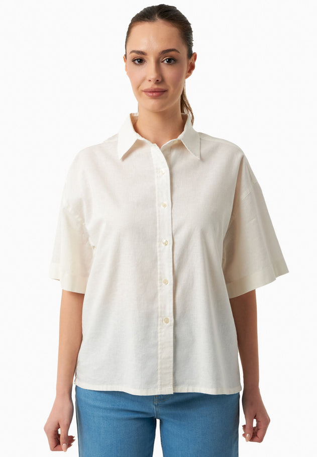 Short Sleeved Linen Blend Button-Up Off-White