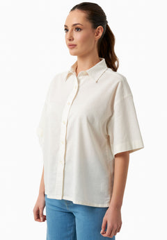 Short Sleeved Linen Blend Button-Up Off-White