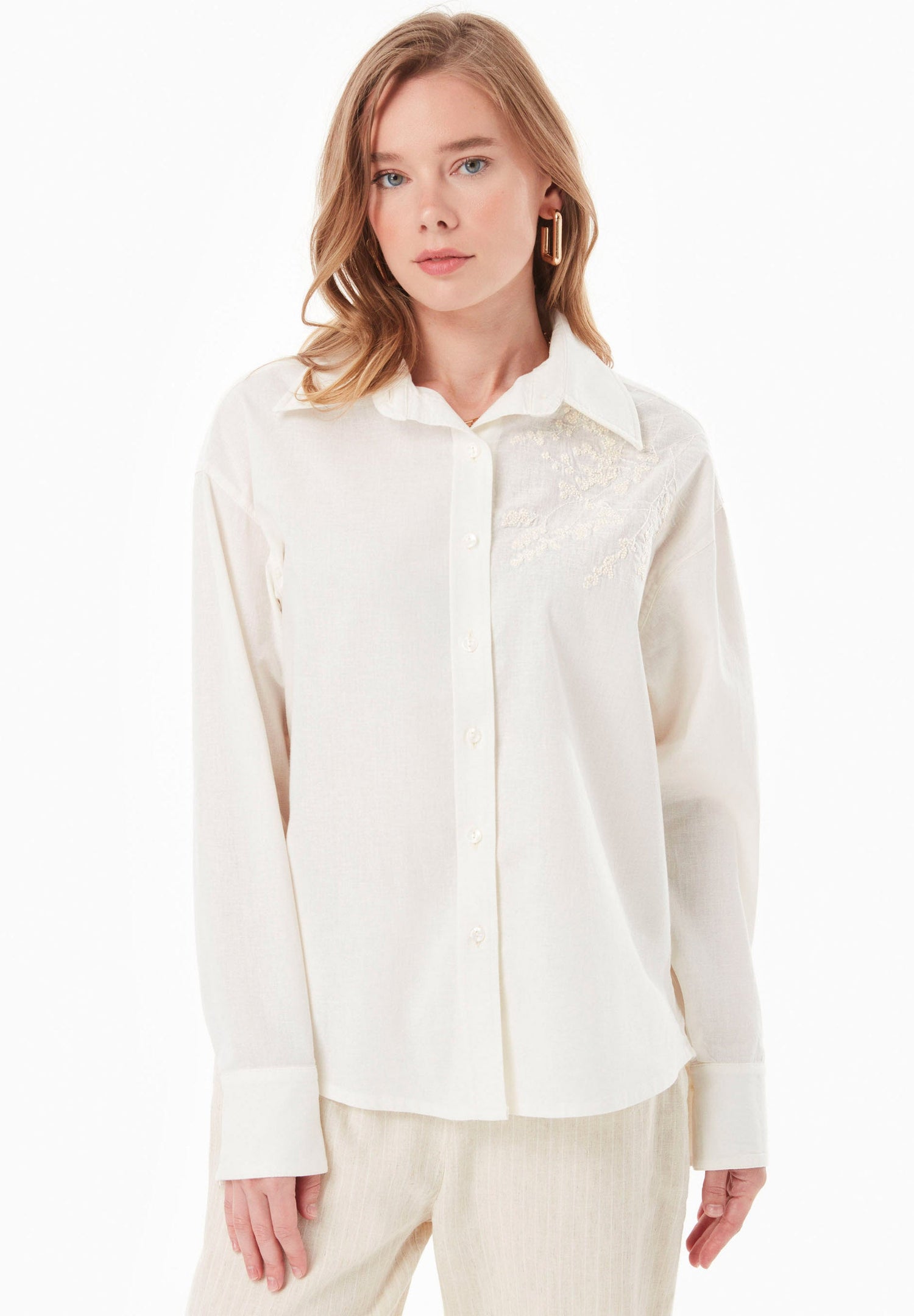 Embroidered Linen Blend Button-Up Off White