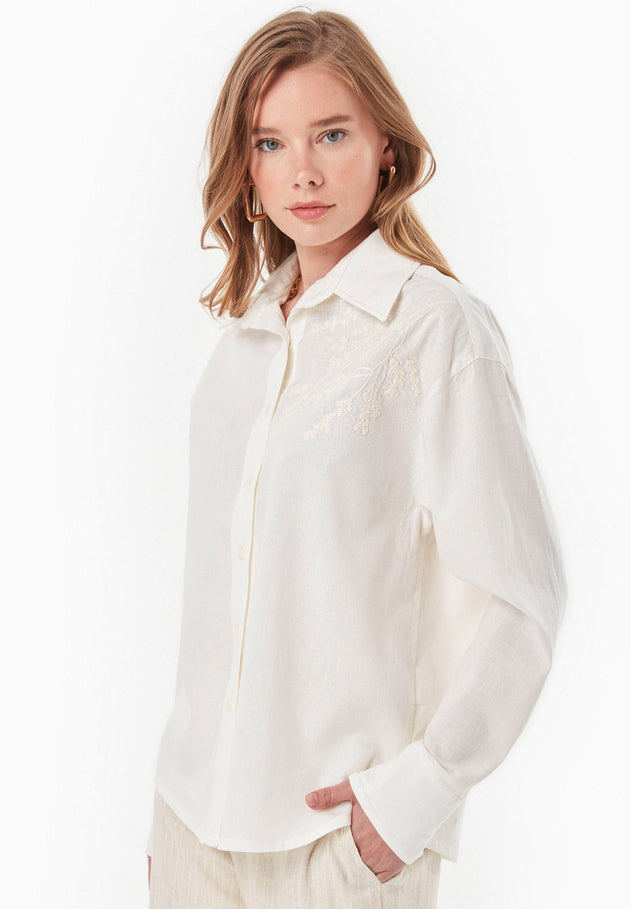 Embroidered Linen Blend Button-Up Off White