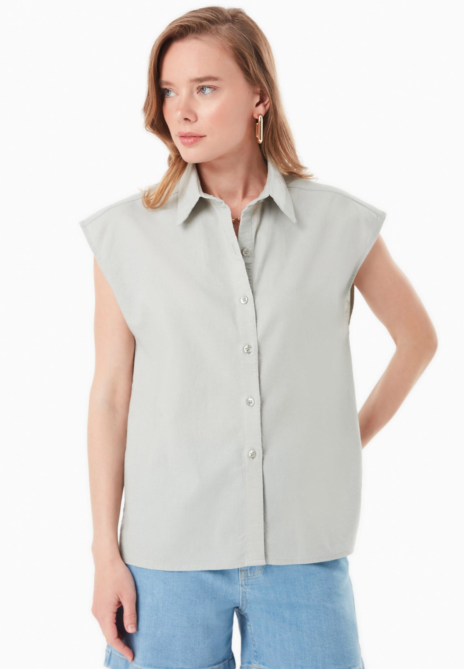 Sleeveless Linen Blend Button-Up Green Moss