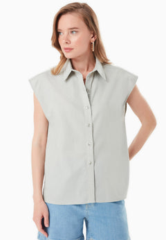 Sleeveless Linen Blend Button-Up Green Moss