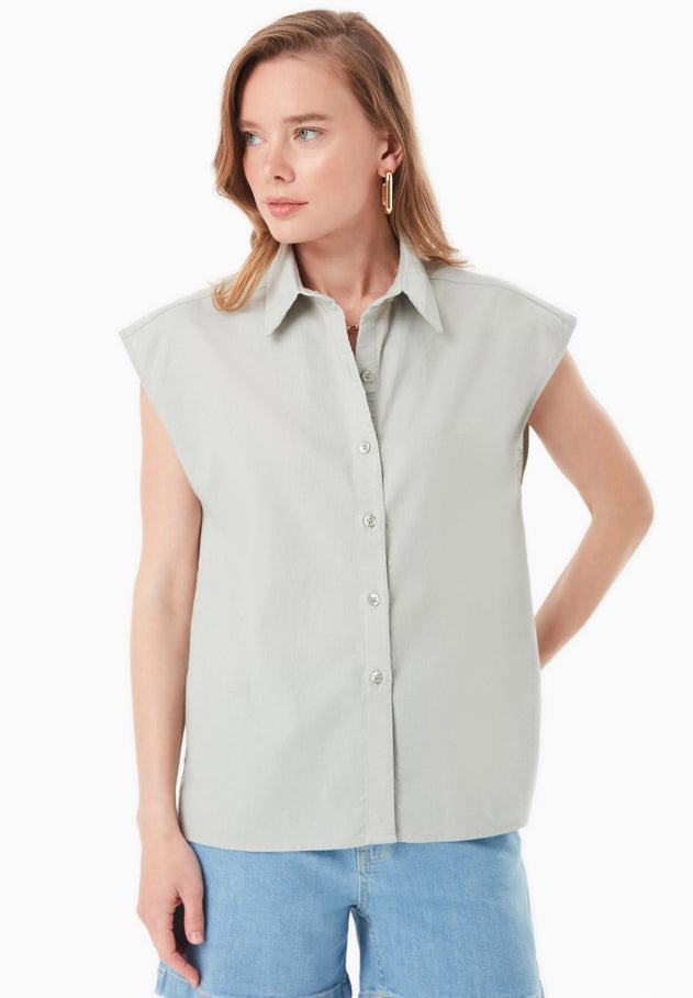 Sleeveless Linen Blend Button-Up Green Moss