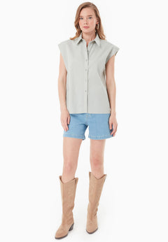 Sleeveless Linen Blend Button-Up Green Moss