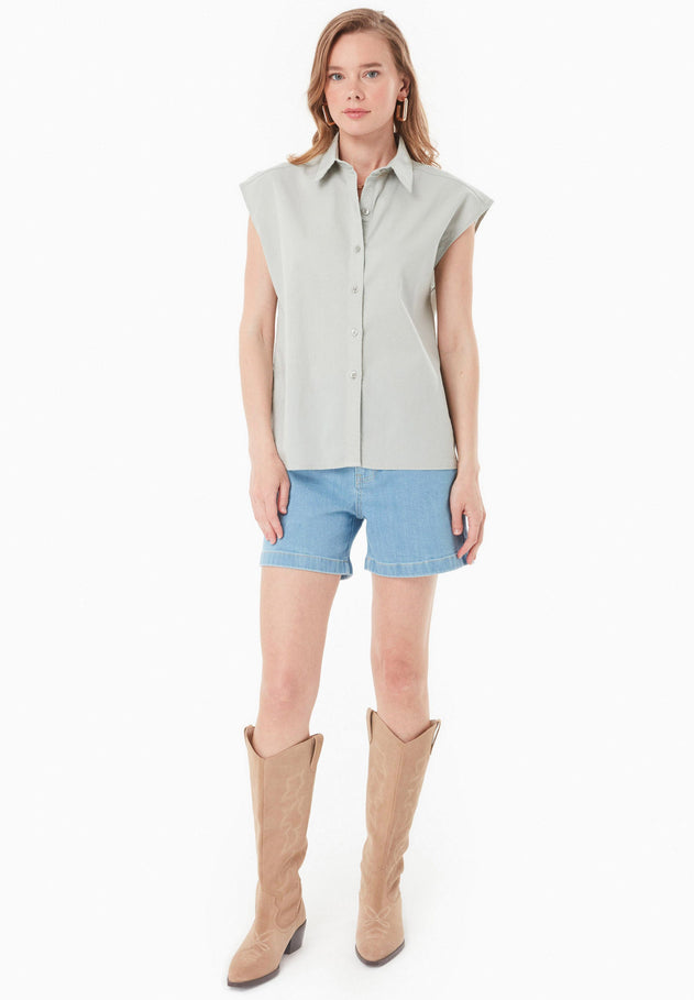 Sleeveless Linen Blend Button-Up Green Moss