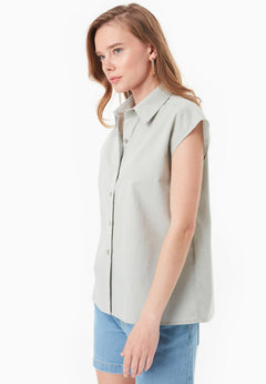 Sleeveless Linen Blend Button-Up Green Moss