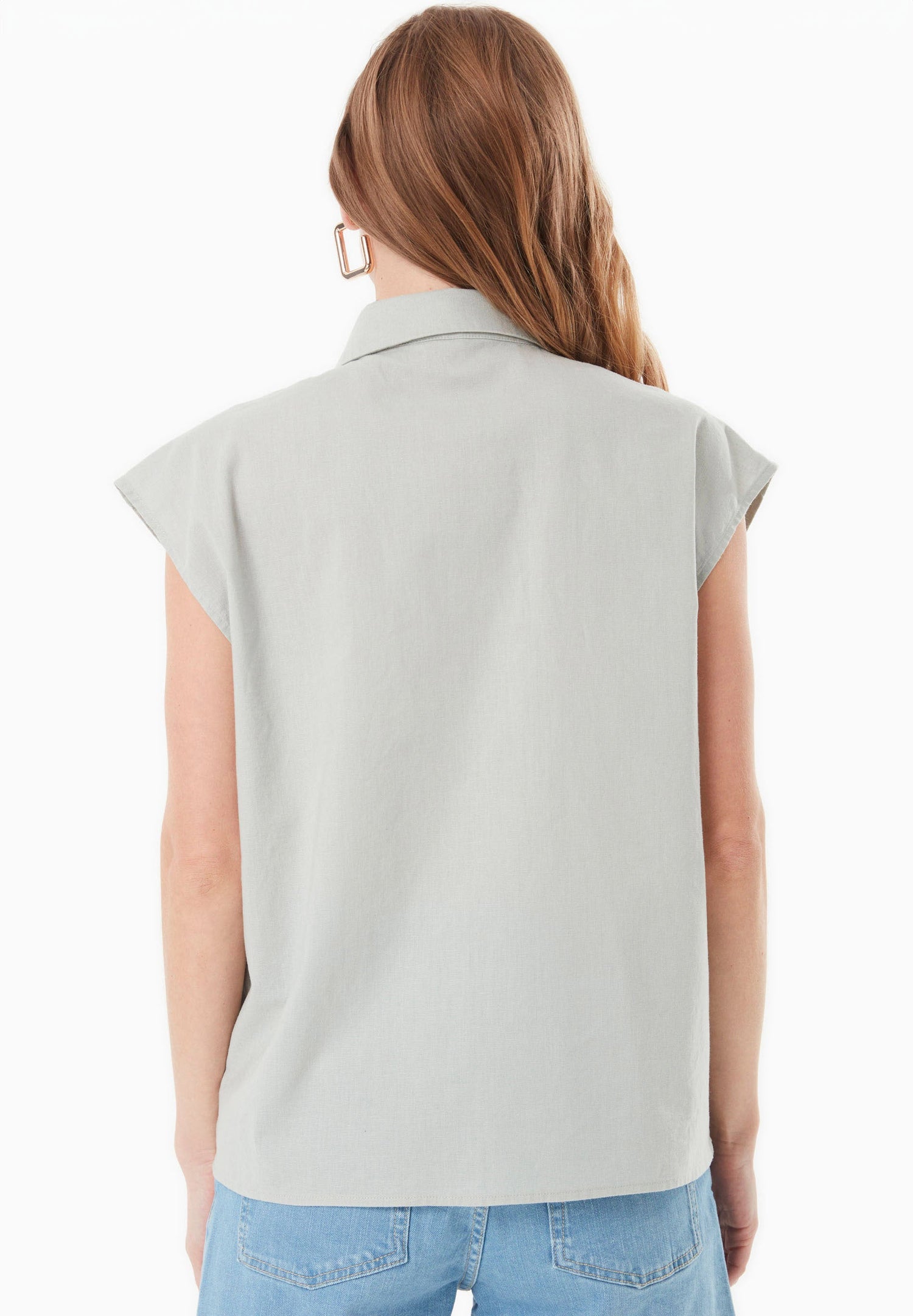 Sleeveless Linen Blend Button-Up Green Moss
