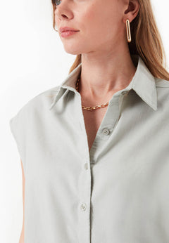 Sleeveless Linen Blend Button-Up Green Moss