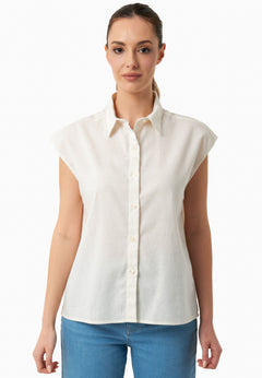 Sleeveless Linen Blend Button-Up Off White
